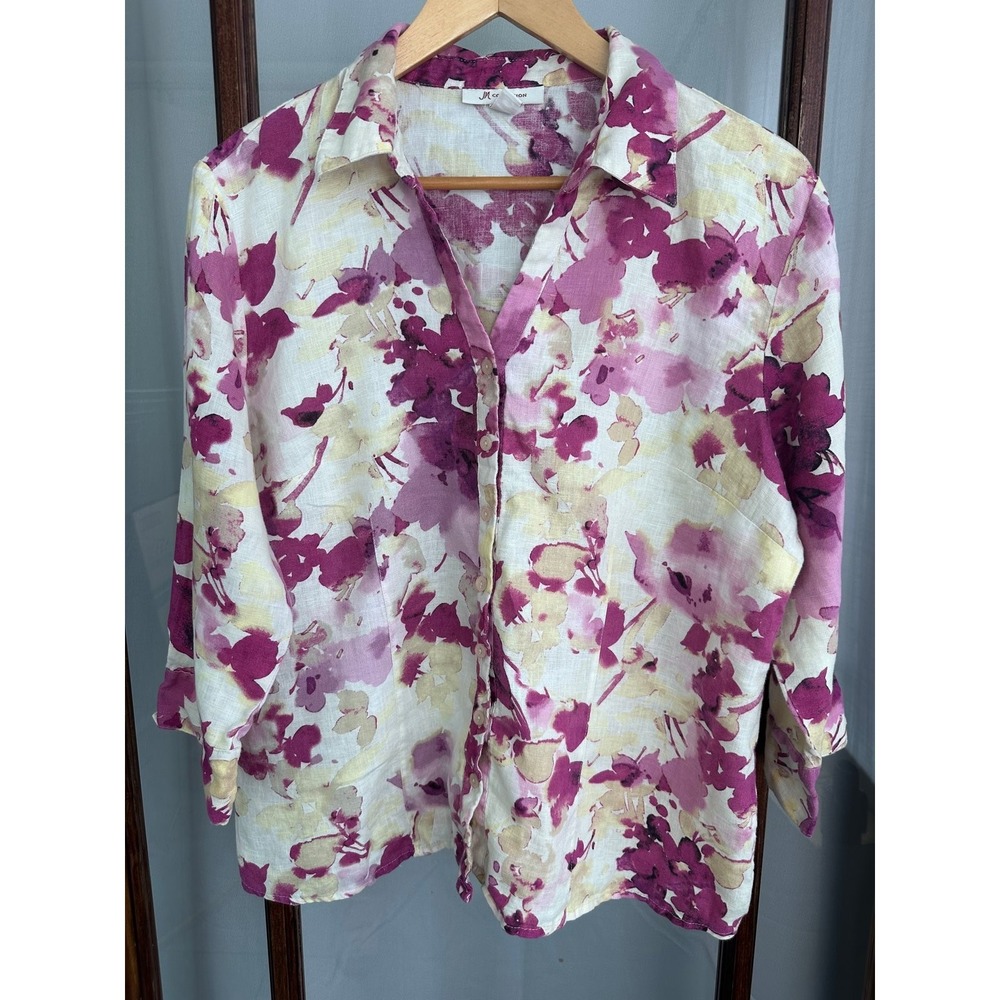 JM Collection 100% Linen Button Shirt Women's 16 Purple Pink 3/4 Sleeve Collared